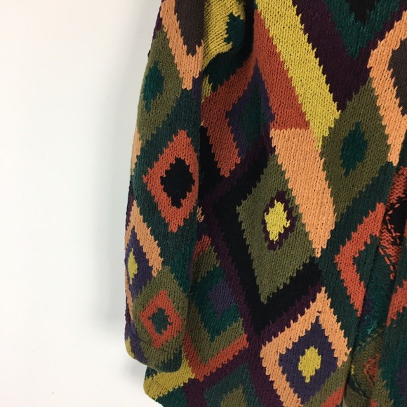 VTG Design Merchants 90s Hand Knit Button Cardigan Diamond M Yellow Green Purple - Picture 5 of 8